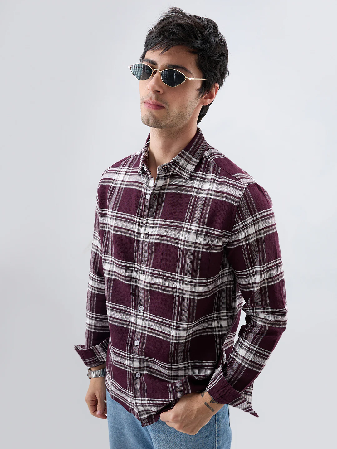 Vintage Deep Wine Plaid Checks Shirt - Image 2