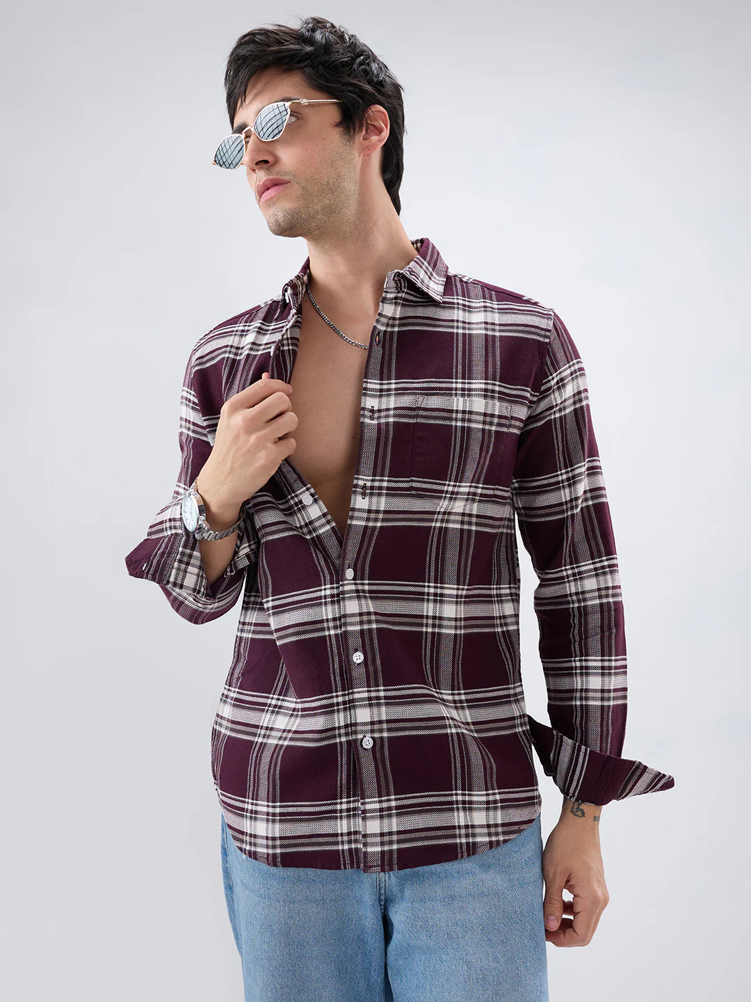 Vintage Deep Wine Plaid Checks Shirt - Image 4