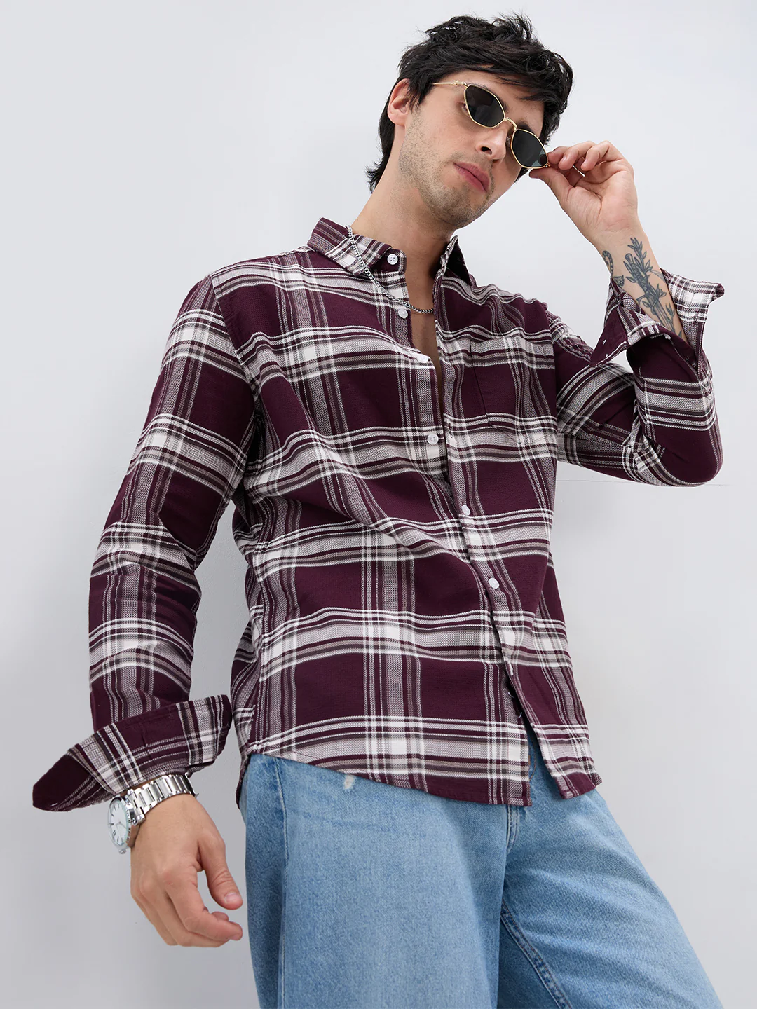 Vintage Deep Wine Plaid Checks Shirt - Image 5