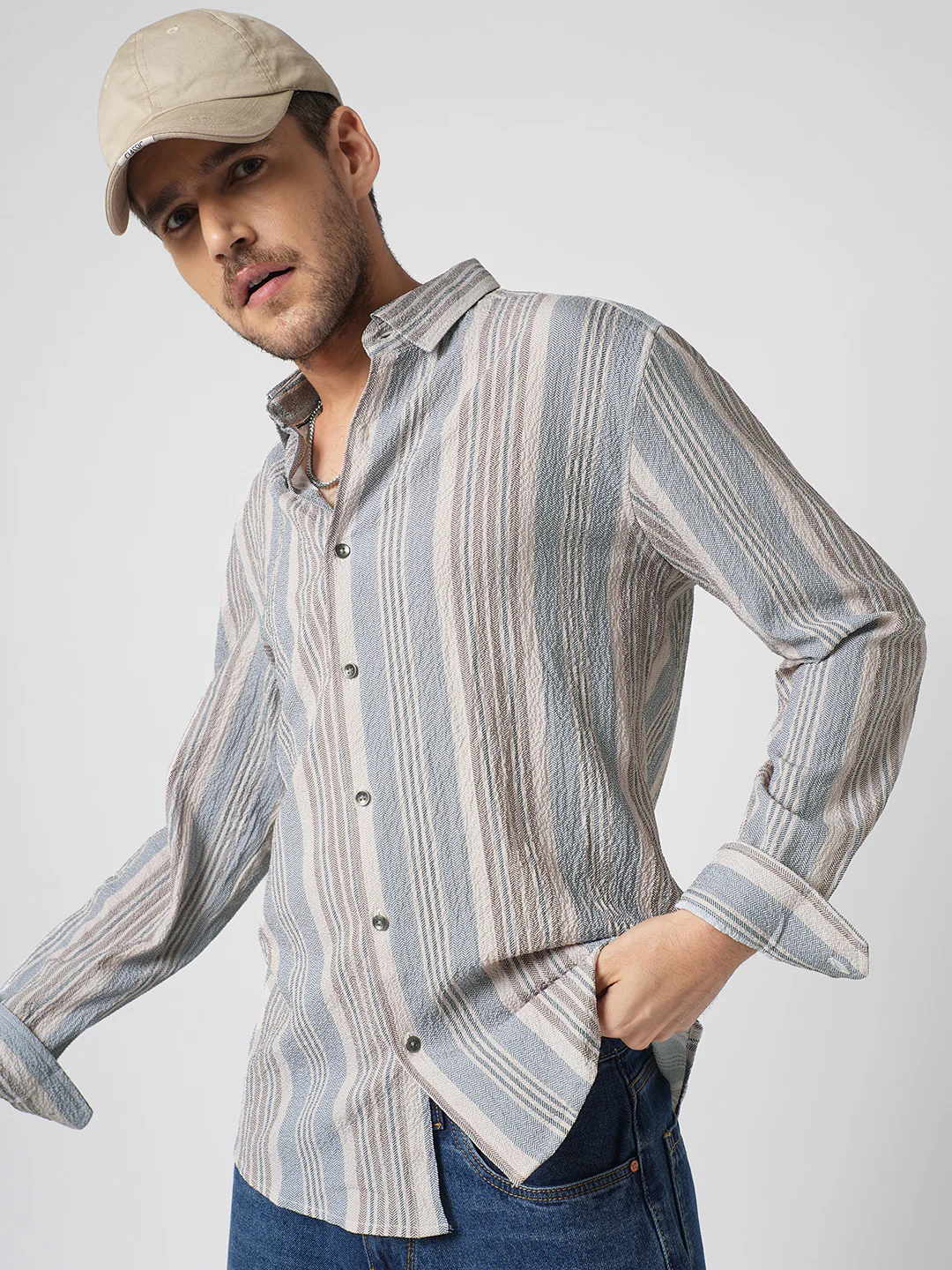 Vintage Herringbone Multistripe Driftwood Crinkled Shirt - Image 2
