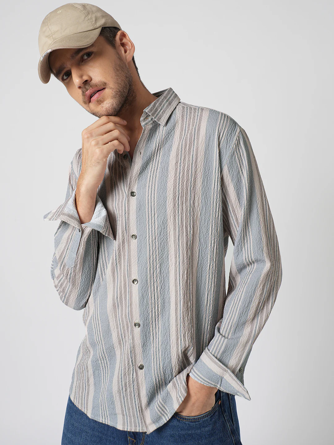 Vintage Herringbone Multistripe Driftwood Crinkled Shirt - Image 4