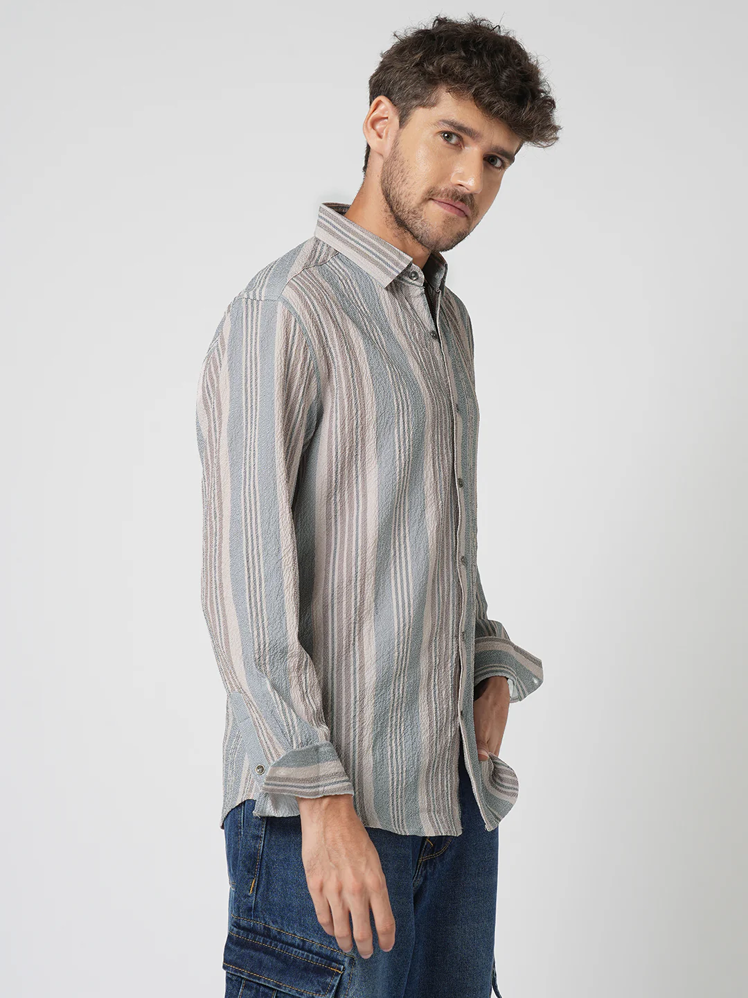 Vintage Herringbone Multistripe Driftwood Crinkled Shirt - Image 6