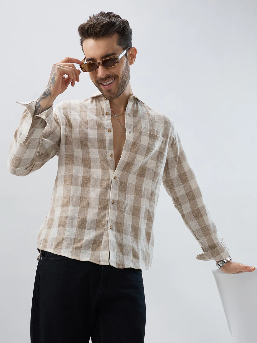 Vintage Khaki Linen Blend Square Checks Jacquard Shirt - Image 2