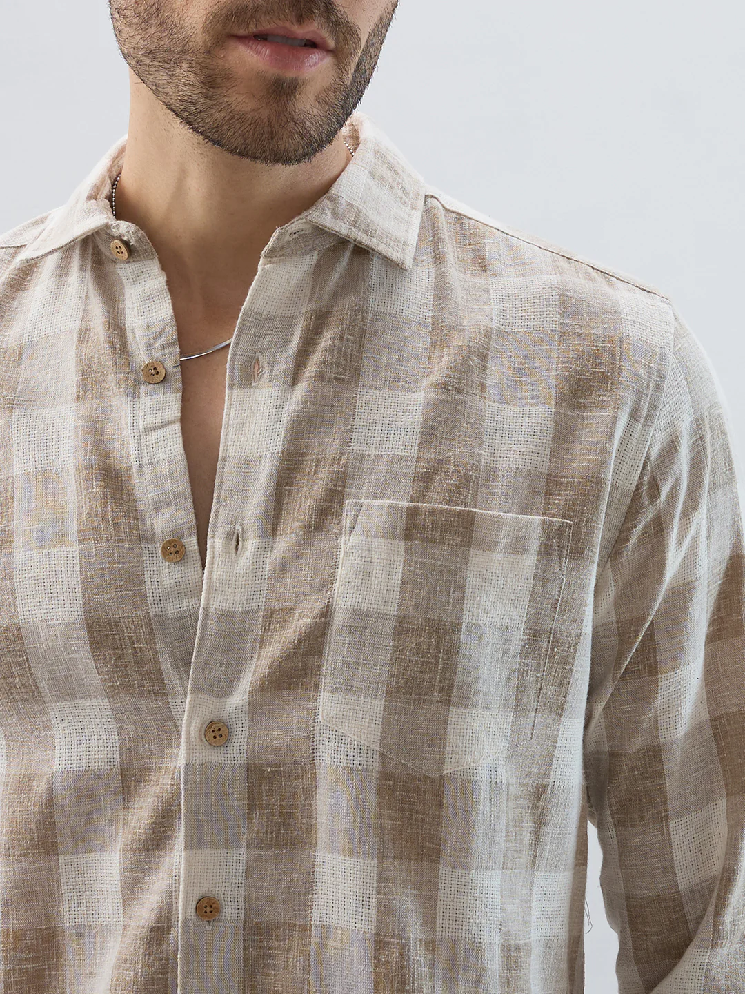 Vintage Khaki Linen Blend Square Checks Jacquard Shirt - Image 3