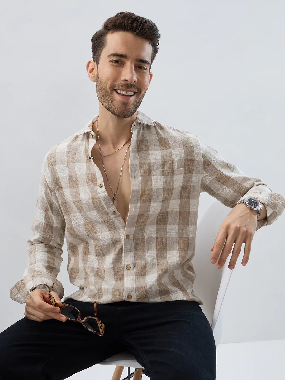 Vintage Khaki Linen Blend Square Checks Jacquard Shirt - Image 4