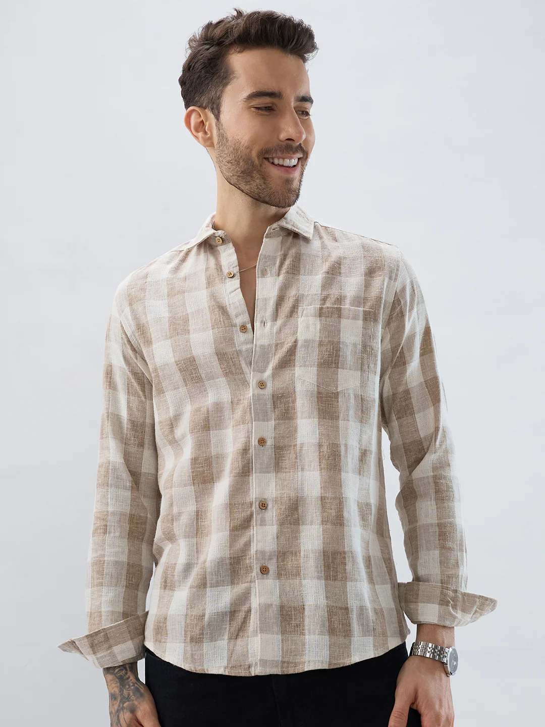 Vintage Khaki Linen Blend Square Checks Jacquard Shirt - Image 5