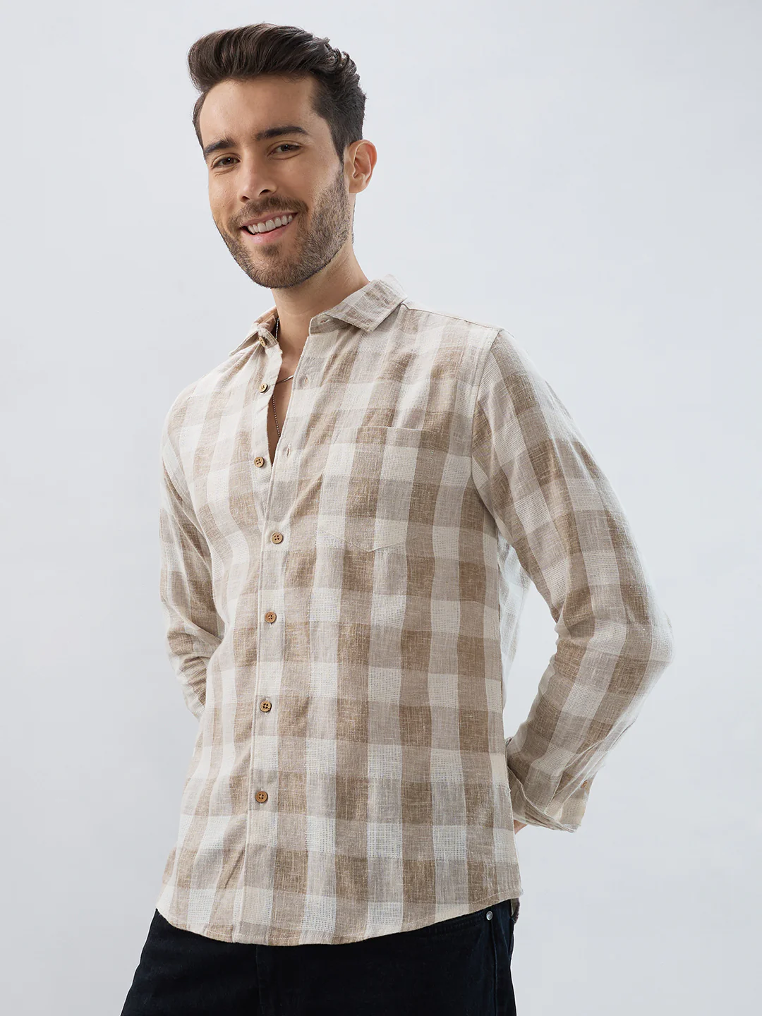 Vintage Khaki Linen Blend Square Checks Jacquard Shirt - Image 6