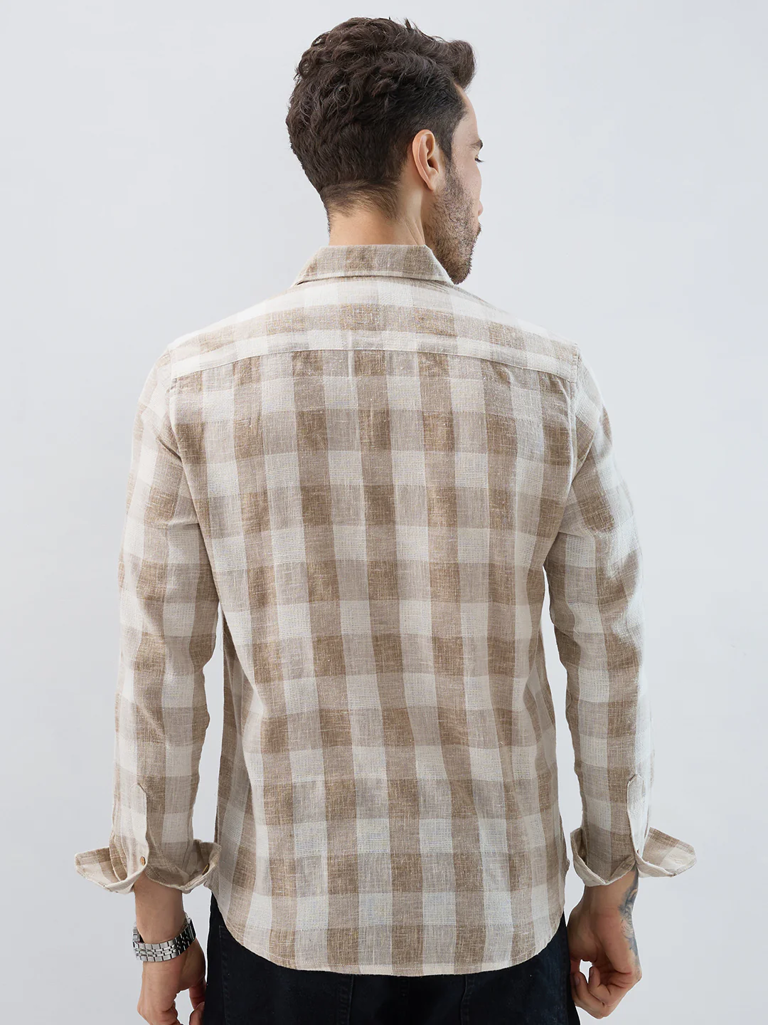 Vintage Khaki Linen Blend Square Checks Jacquard Shirt - Image 7