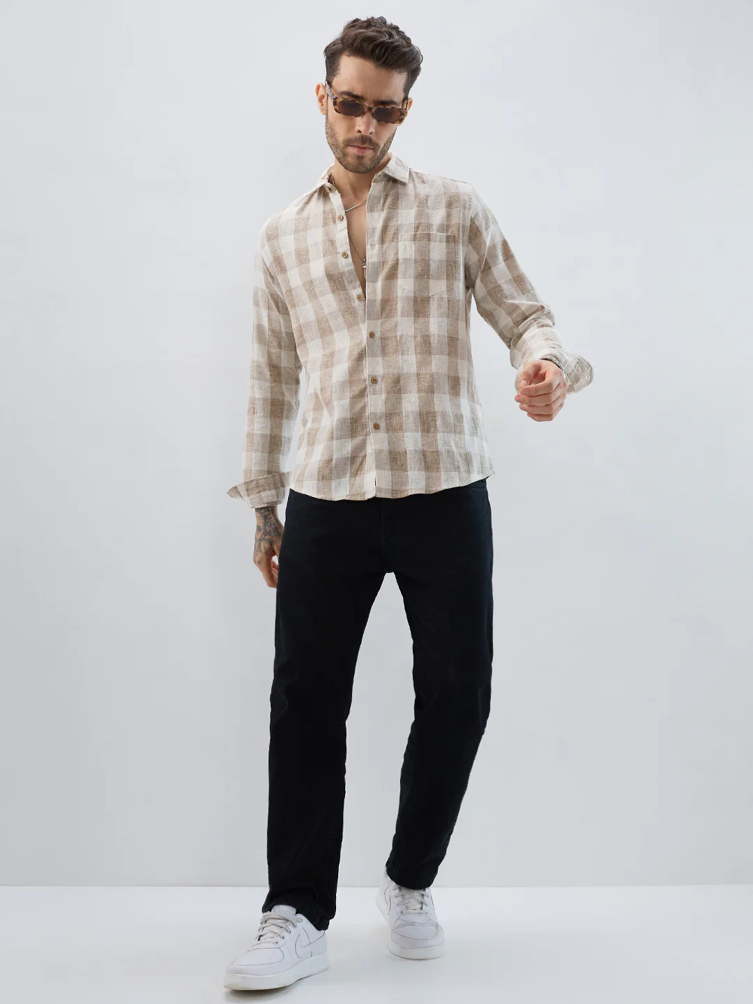 Vintage Khaki Linen Blend Square Checks Jacquard Shirt - Image 8