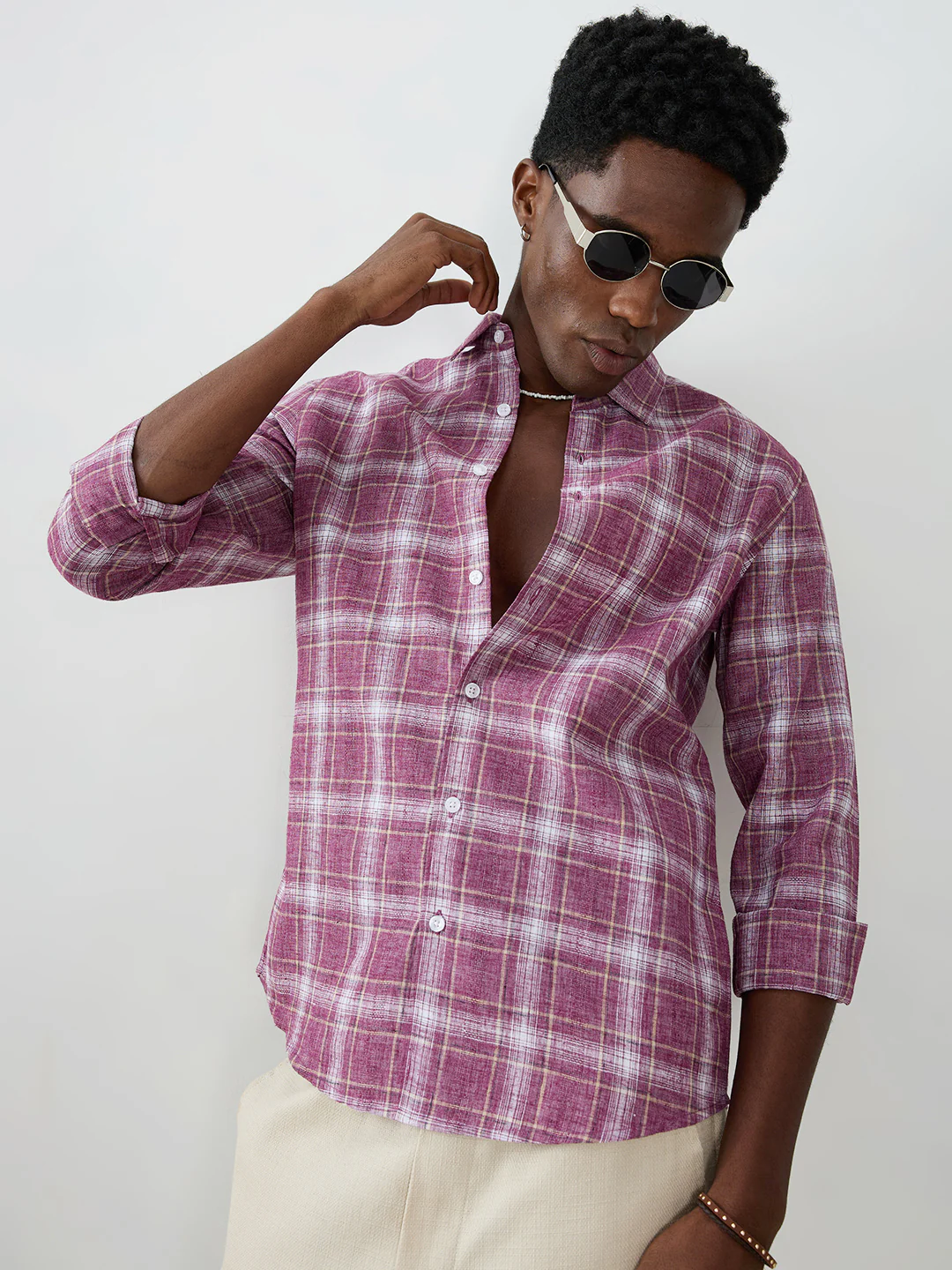 Vintage Maroon Plaid Checks Textured Shirt - Image 2