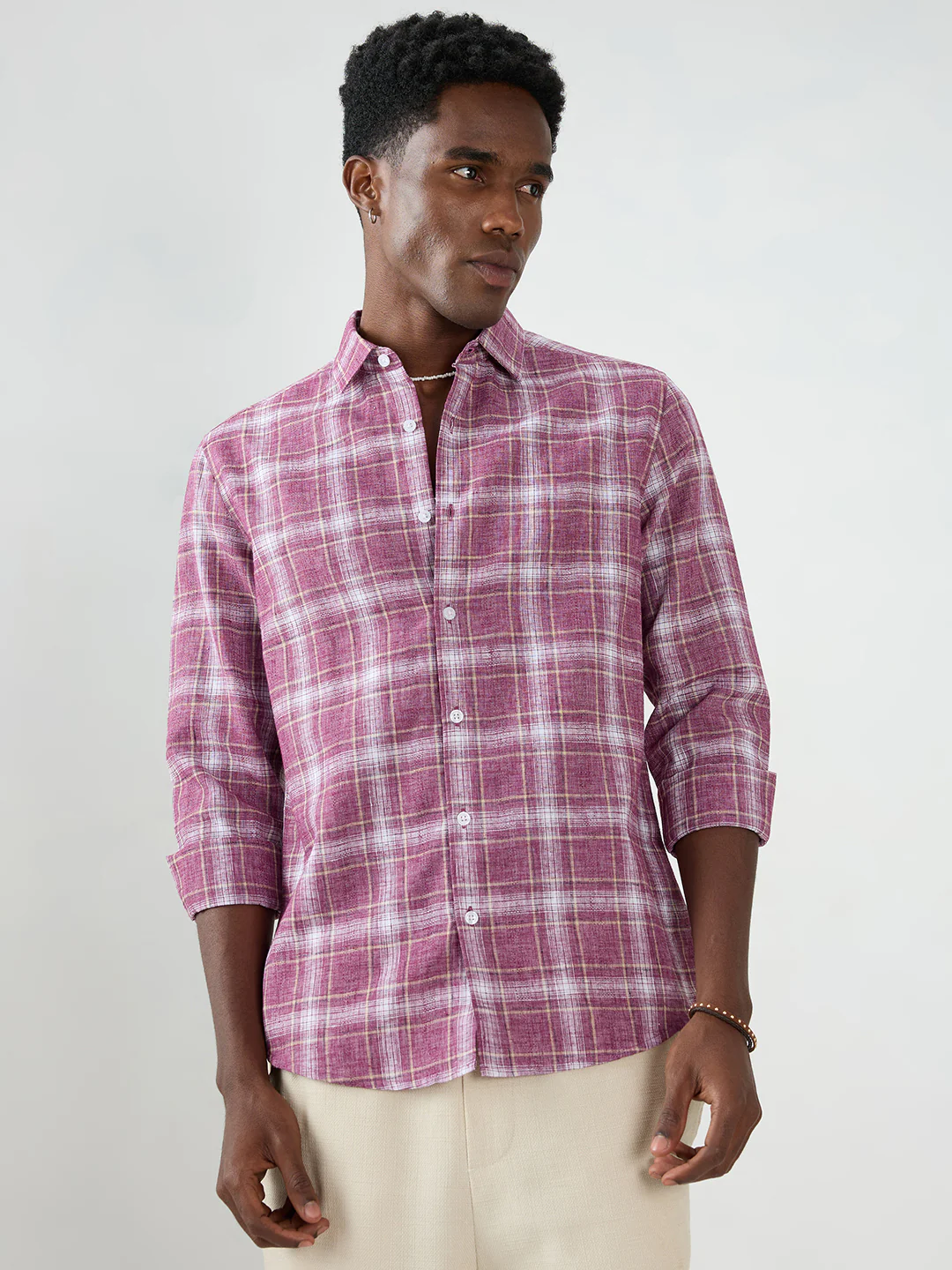 Vintage Maroon Plaid Checks Textured Shirt - Image 5