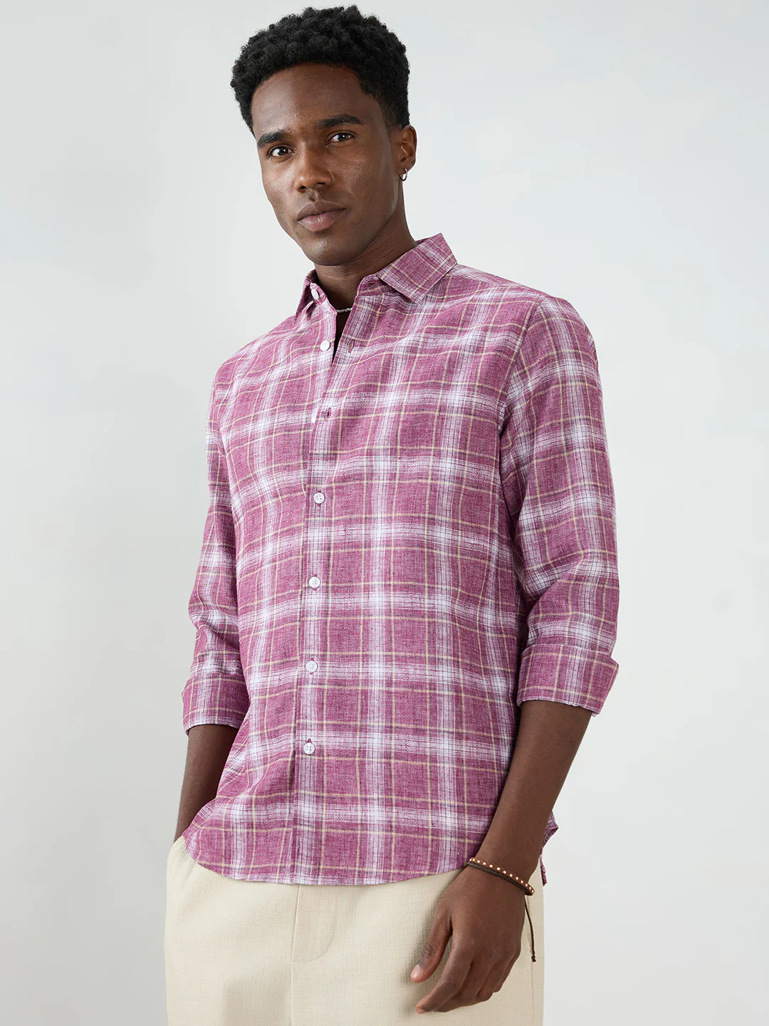 Vintage Maroon Plaid Checks Textured Shirt - Image 6