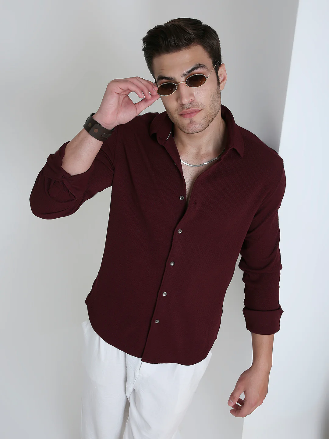 Vintage Maroon Textured Elegance Shirt - Image 2