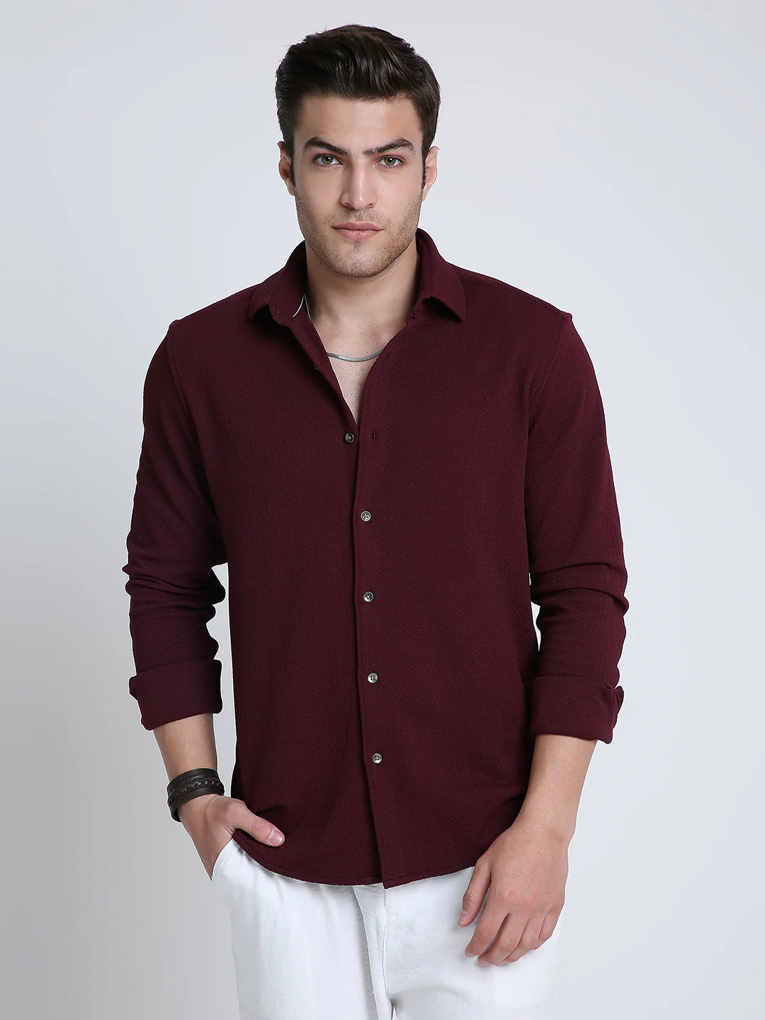Vintage Maroon Textured Elegance Shirt - Image 4