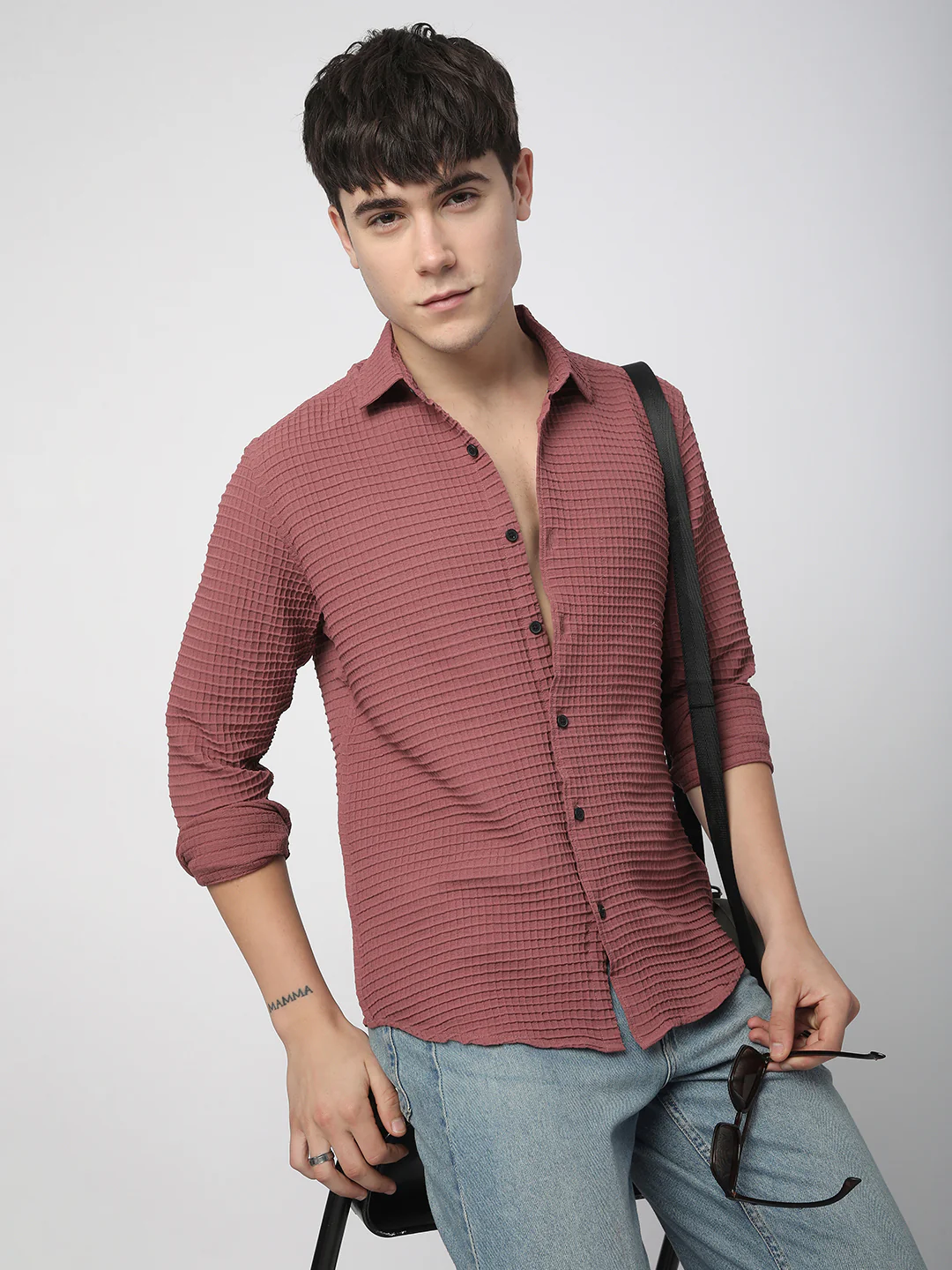 Vintage Maroon Tiny Box Checks Textured Emboss Shirt