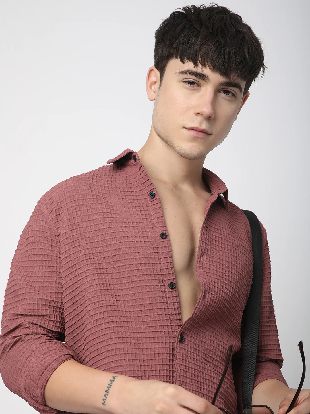 Vintage Maroon Tiny Box Checks Textured Emboss Shirt - Image 2