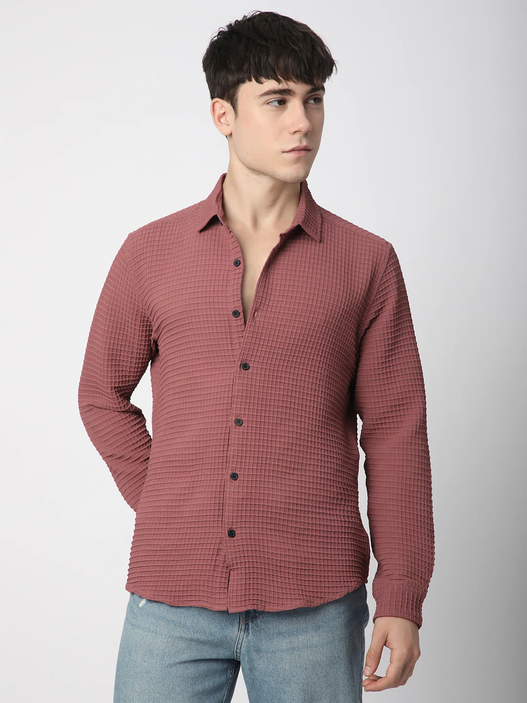 Vintage Maroon Tiny Box Checks Textured Emboss Shirt - Image 4