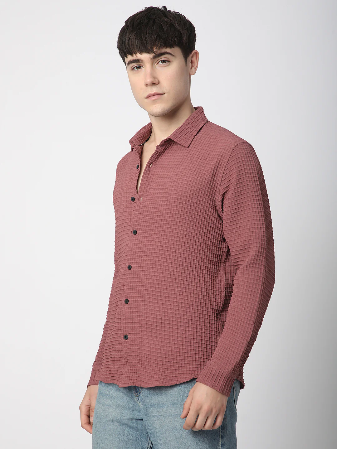 Vintage Maroon Tiny Box Checks Textured Emboss Shirt - Image 5