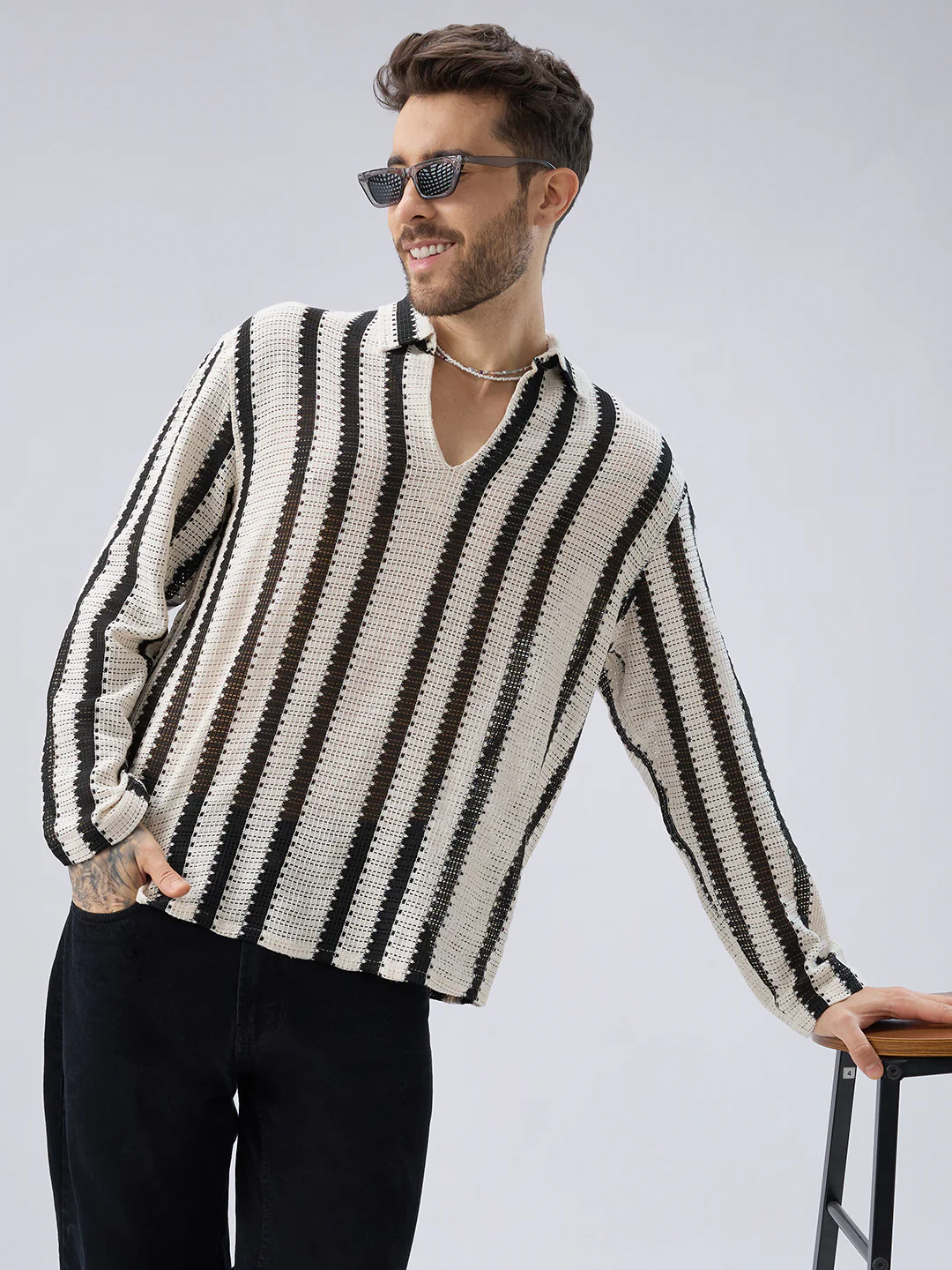 Vintage Mood Monochrome Crochet Striped Oversized Polo Shirt - Image 2