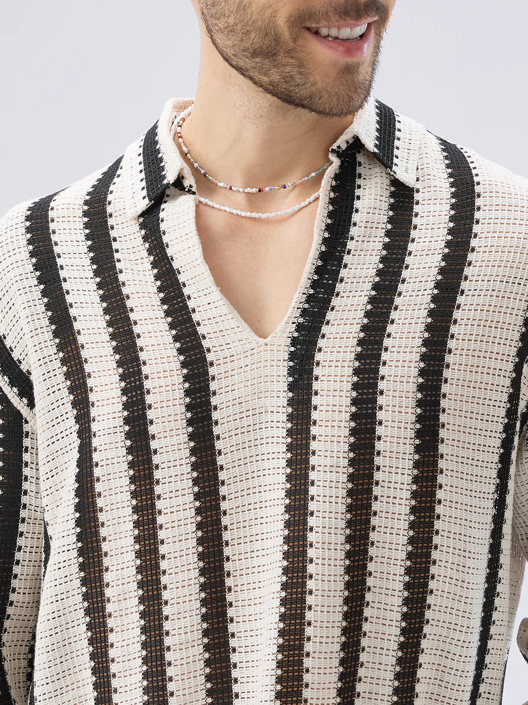 Vintage Mood Monochrome Crochet Striped Oversized Polo Shirt - Image 3
