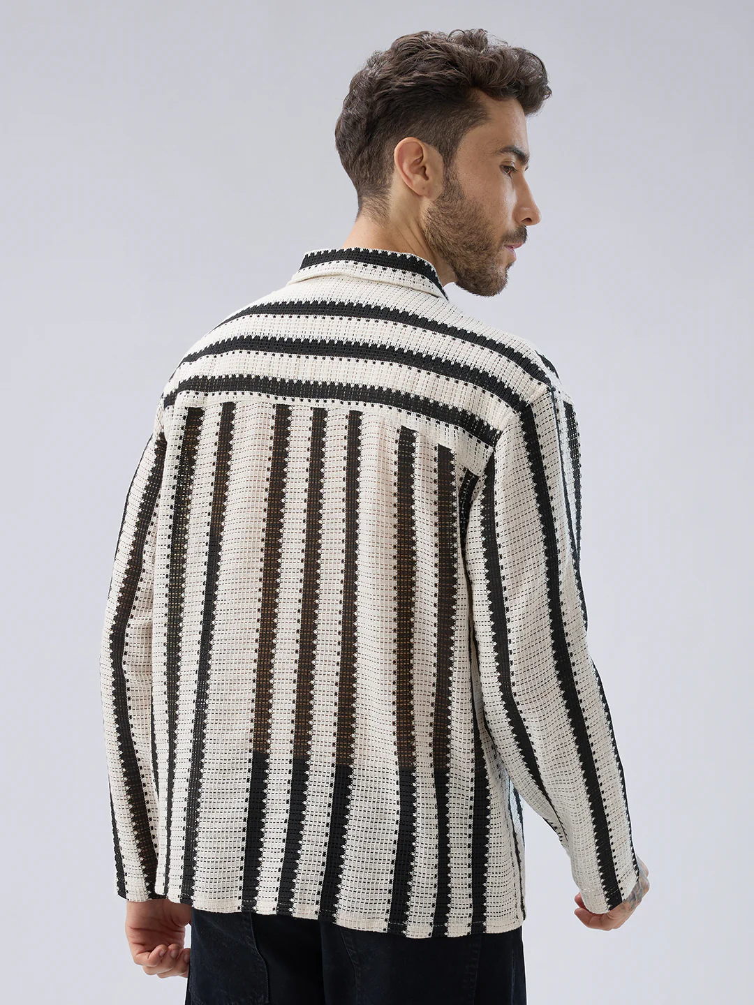 Vintage Mood Monochrome Crochet Striped Oversized Polo Shirt - Image 6