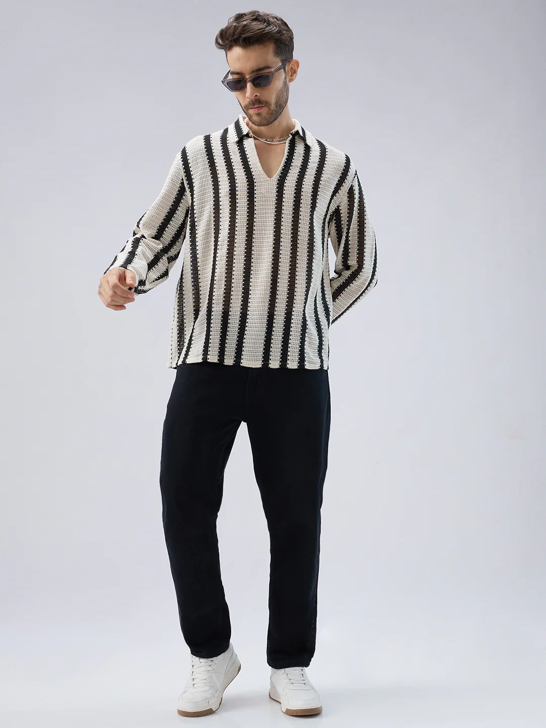 Vintage Mood Monochrome Crochet Striped Oversized Polo Shirt - Image 7