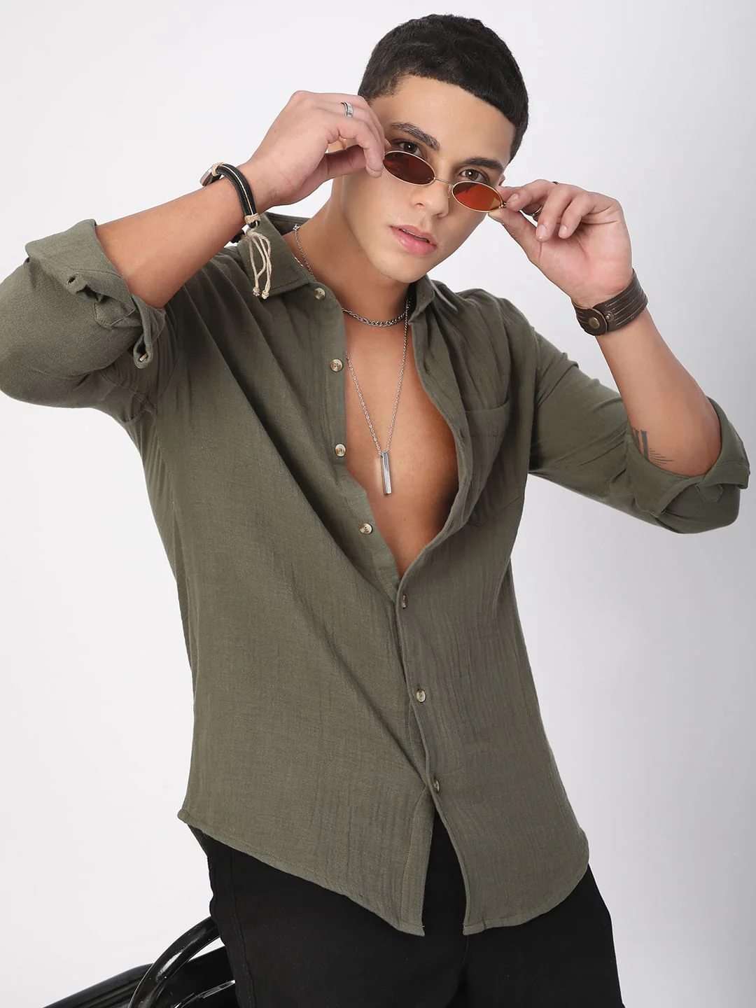 Vintage Olive Double Cloth Crinkled Shirt - Image 2