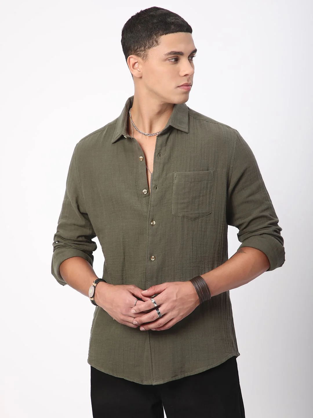 Vintage Olive Double Cloth Crinkled Shirt - Image 4