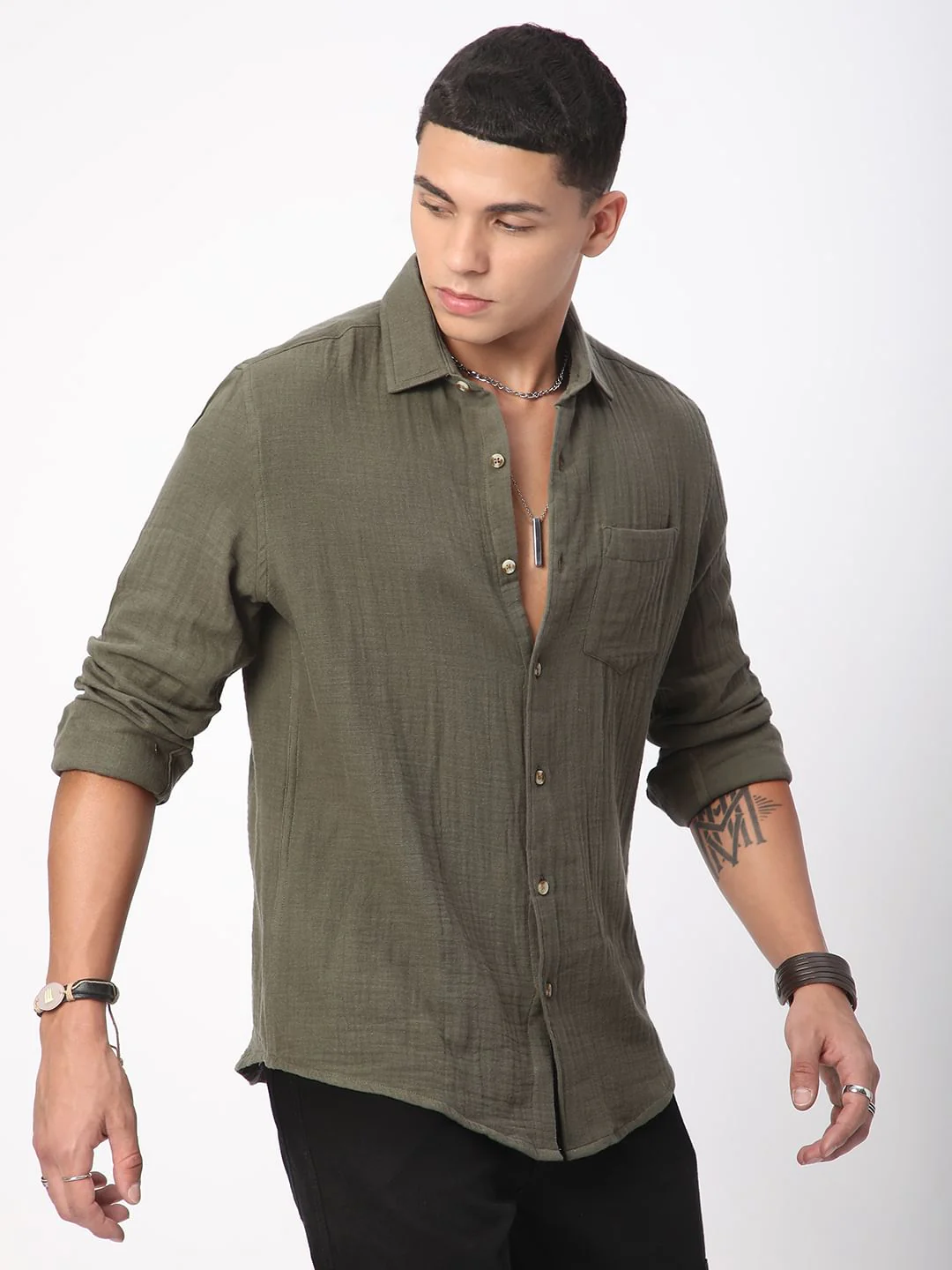 Vintage Olive Double Cloth Crinkled Shirt - Image 5