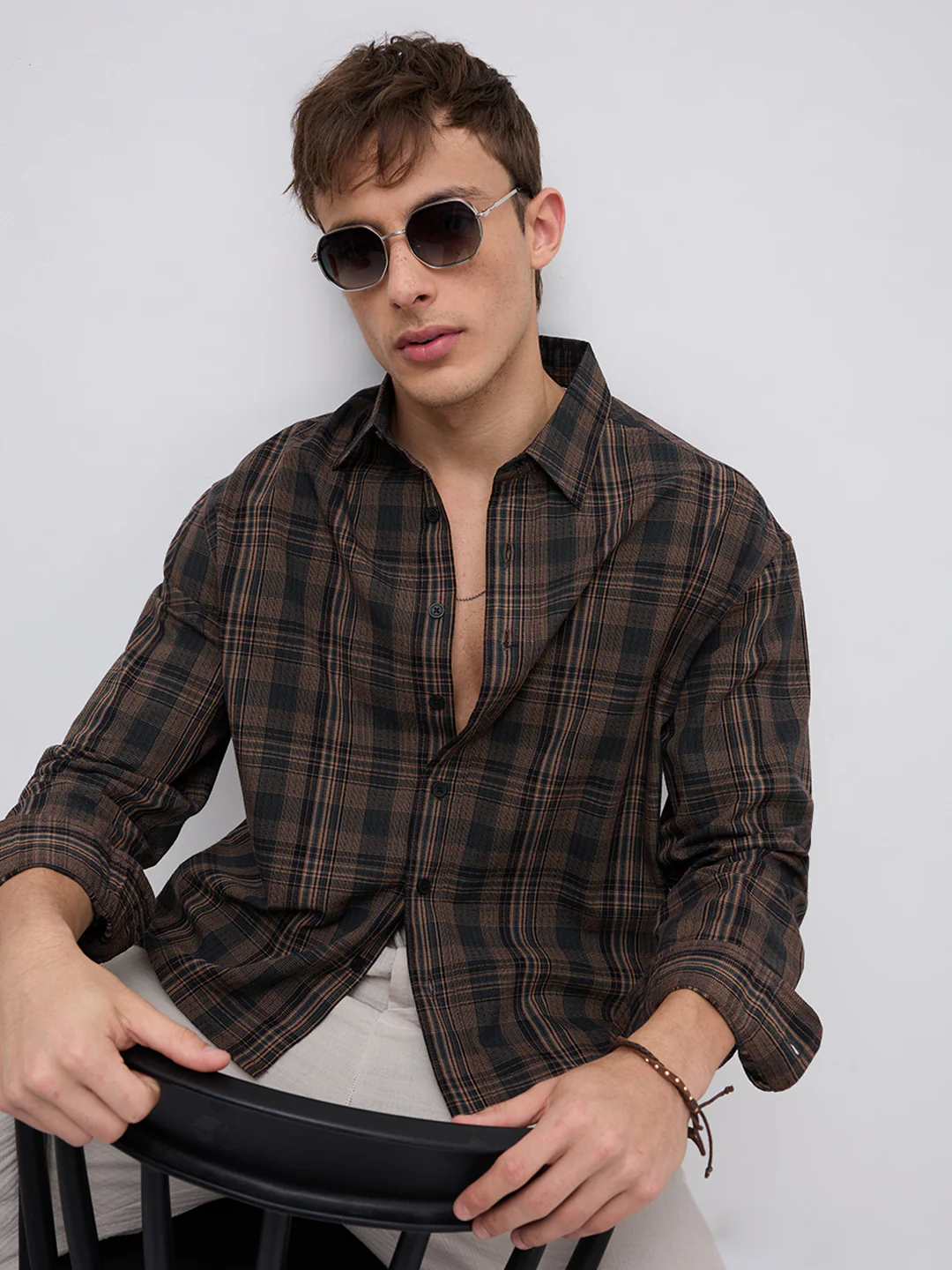 Vintage Roast Brown Fine Checks Boxy Fit Crop Shirt