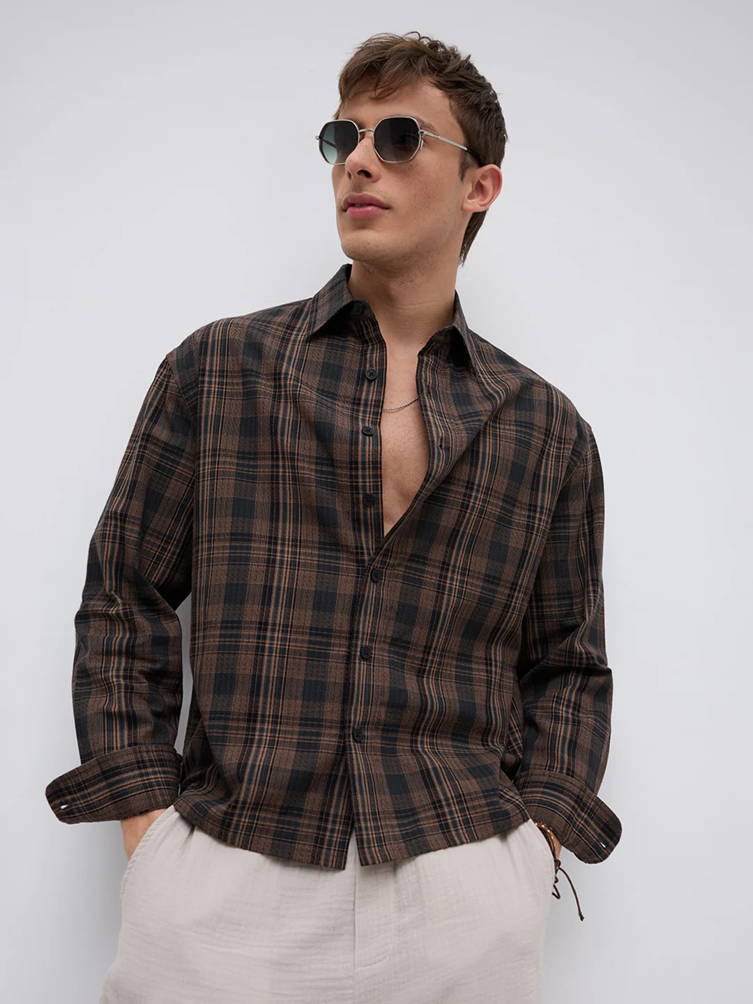 Vintage Roast Brown Fine Checks Boxy Fit Crop Shirt - Image 2