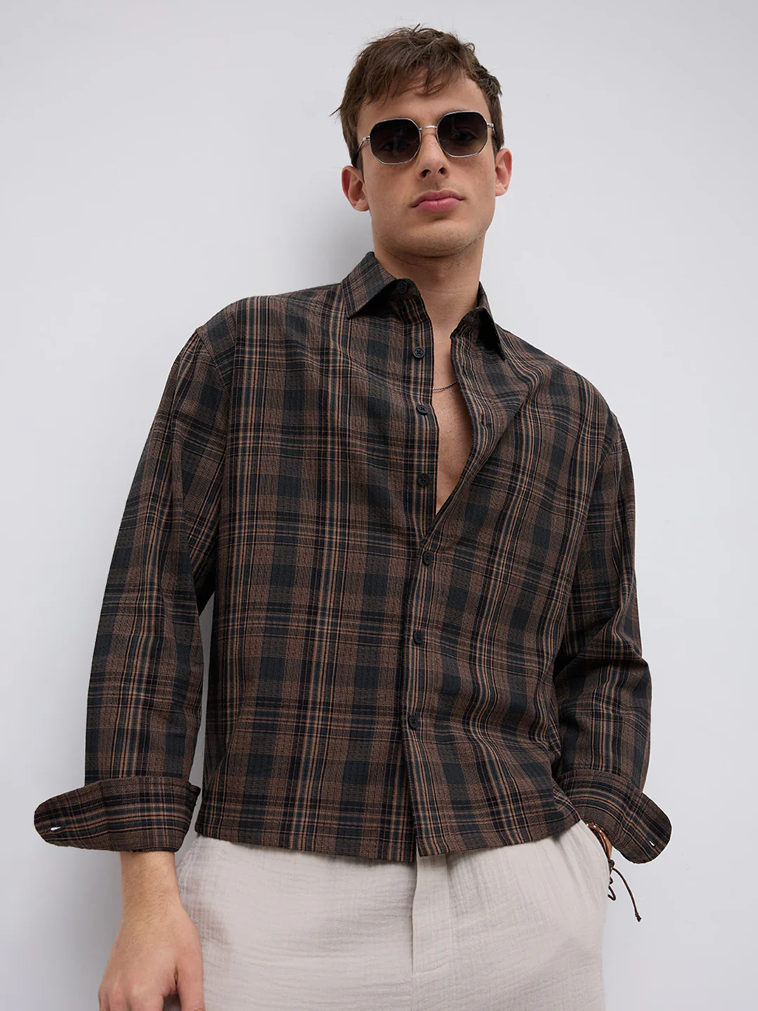 Vintage Roast Brown Fine Checks Boxy Fit Crop Shirt - Image 3