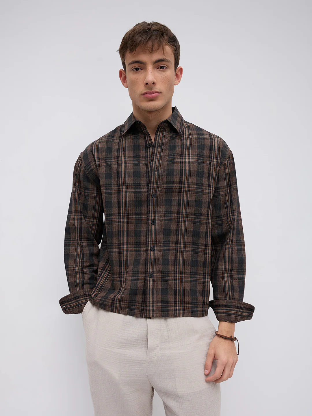 Vintage Roast Brown Fine Checks Boxy Fit Crop Shirt - Image 4