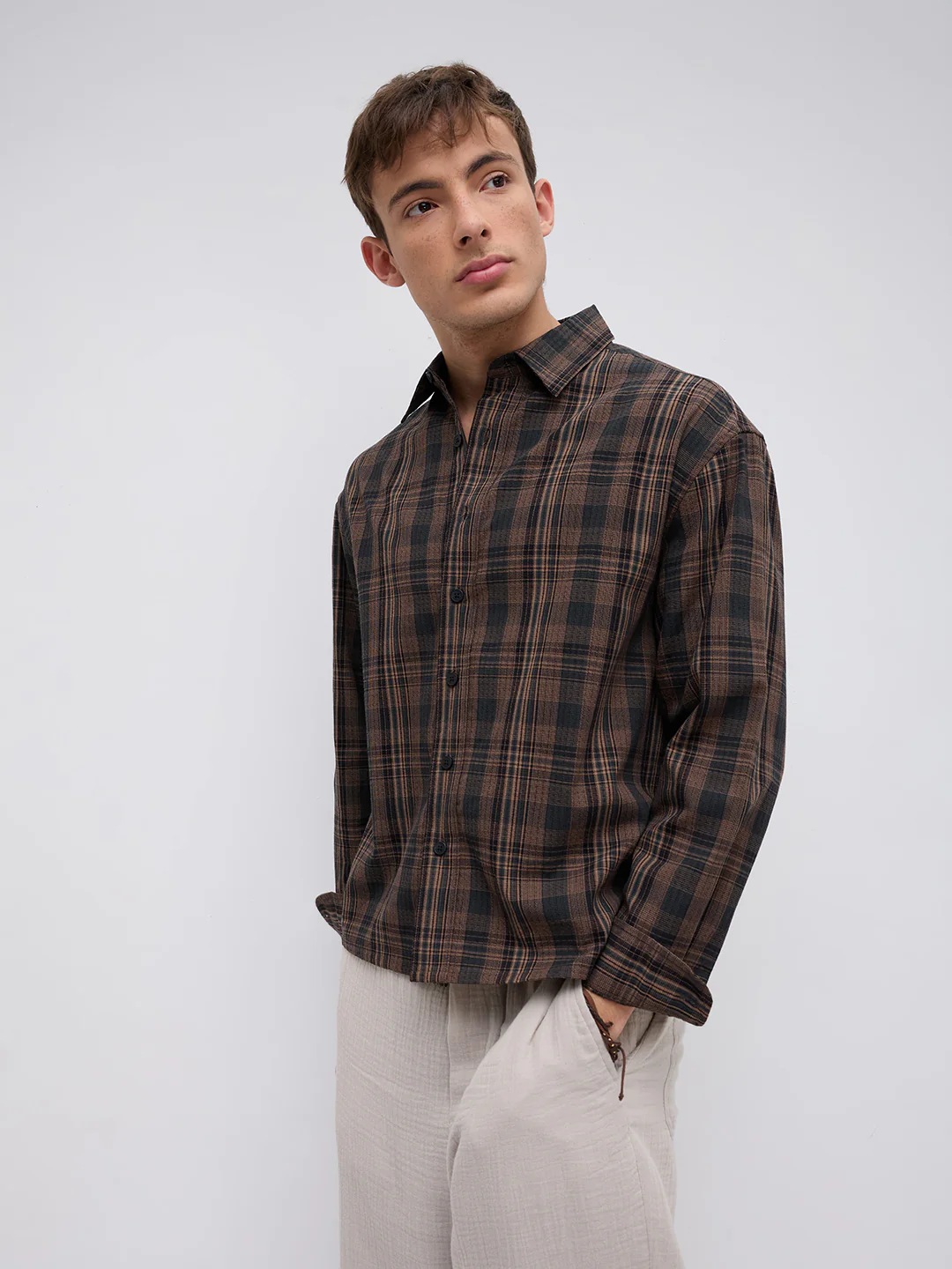 Vintage Roast Brown Fine Checks Boxy Fit Crop Shirt - Image 5