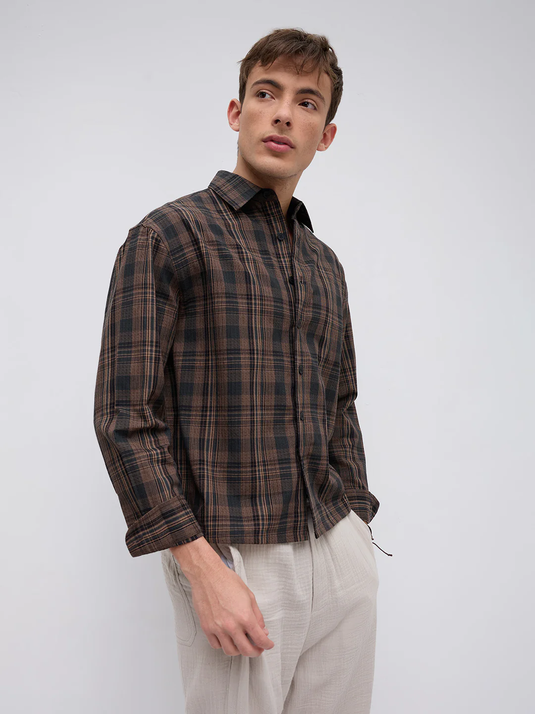 Vintage Roast Brown Fine Checks Boxy Fit Crop Shirt - Image 6
