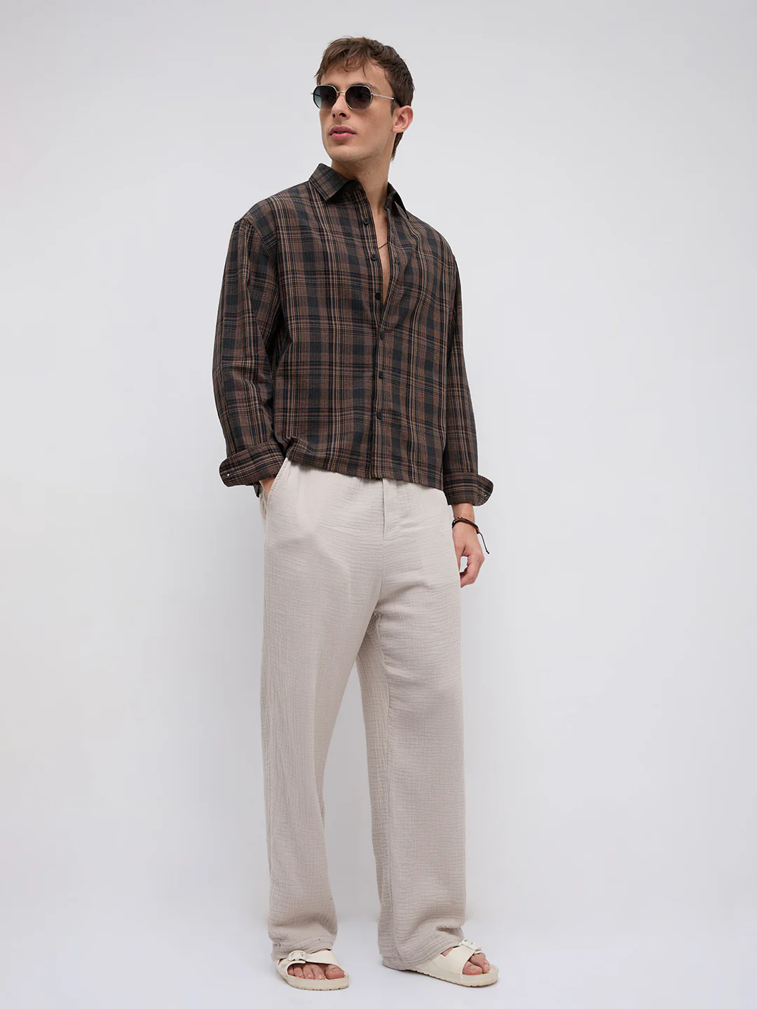 Vintage Roast Brown Fine Checks Boxy Fit Crop Shirt - Image 8