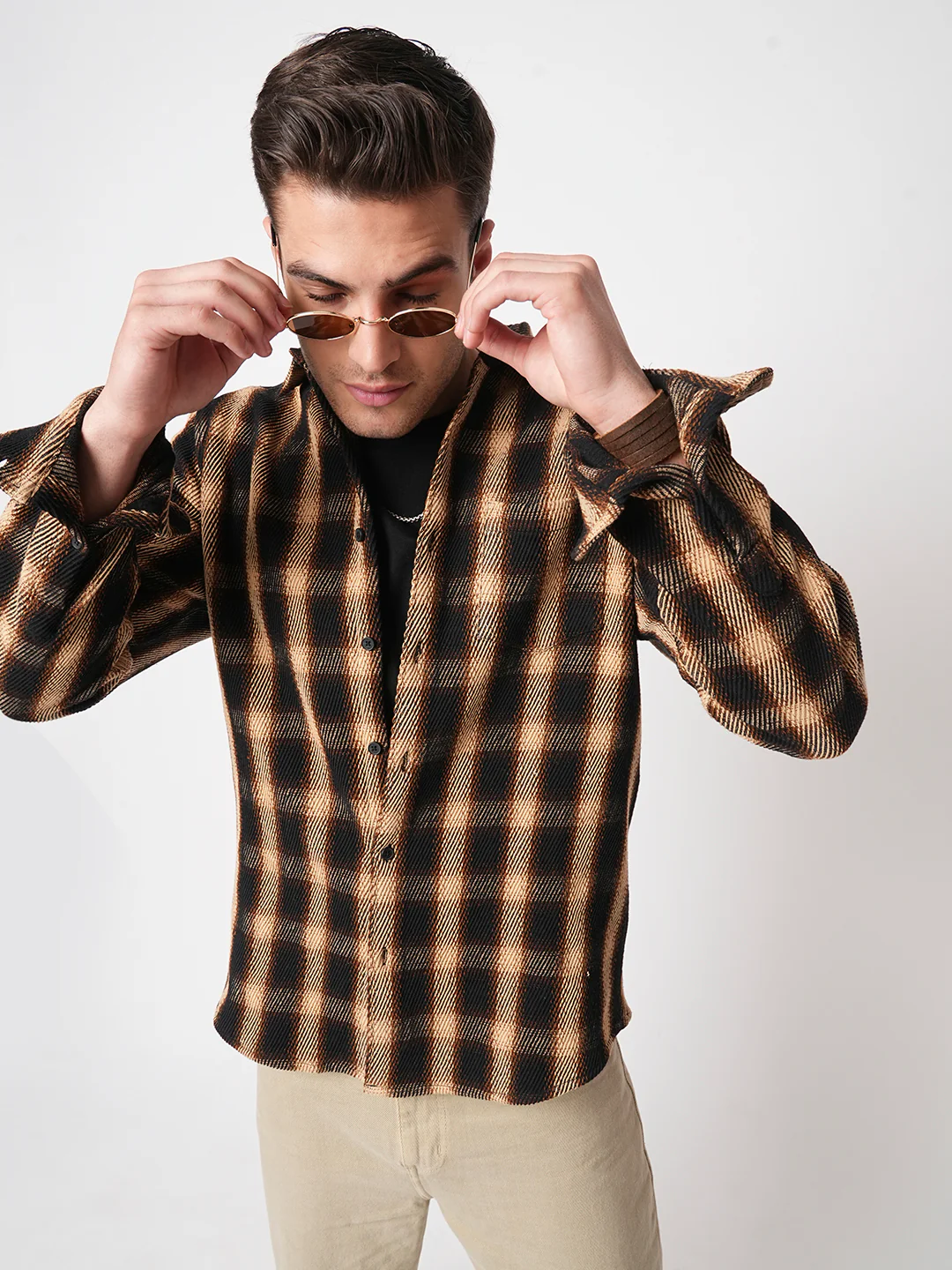 Vintage Russet Brown Plaid Checks Twill Shirt - Image 2