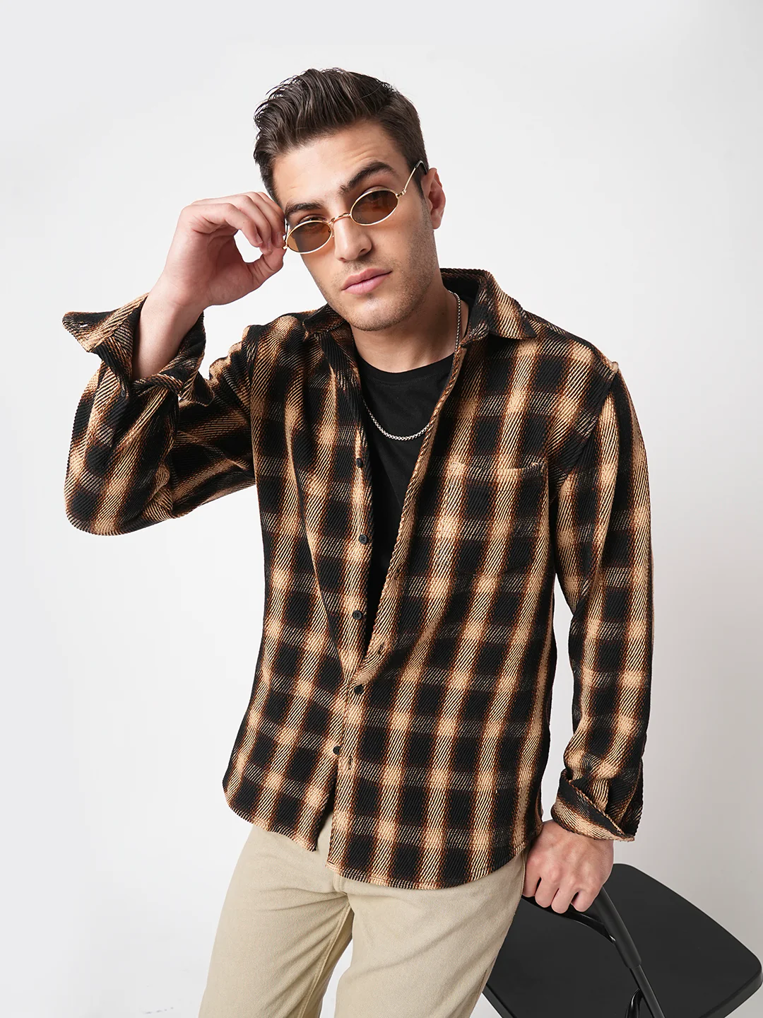 Vintage Russet Brown Plaid Checks Twill Shirt - Image 4