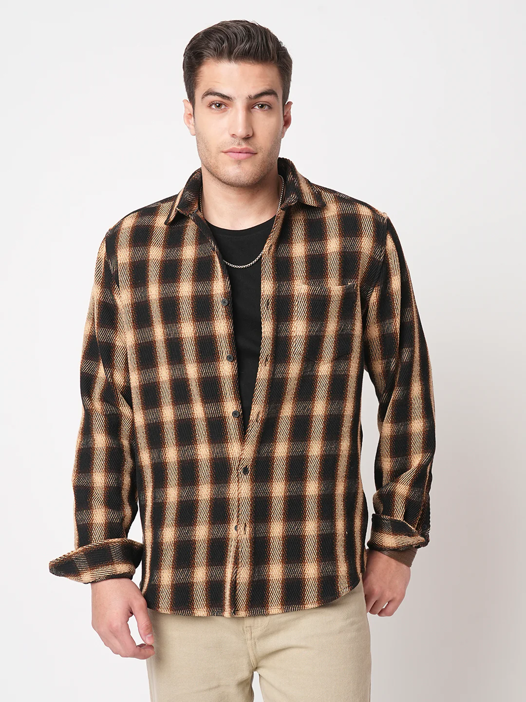 Vintage Russet Brown Plaid Checks Twill Shirt - Image 5