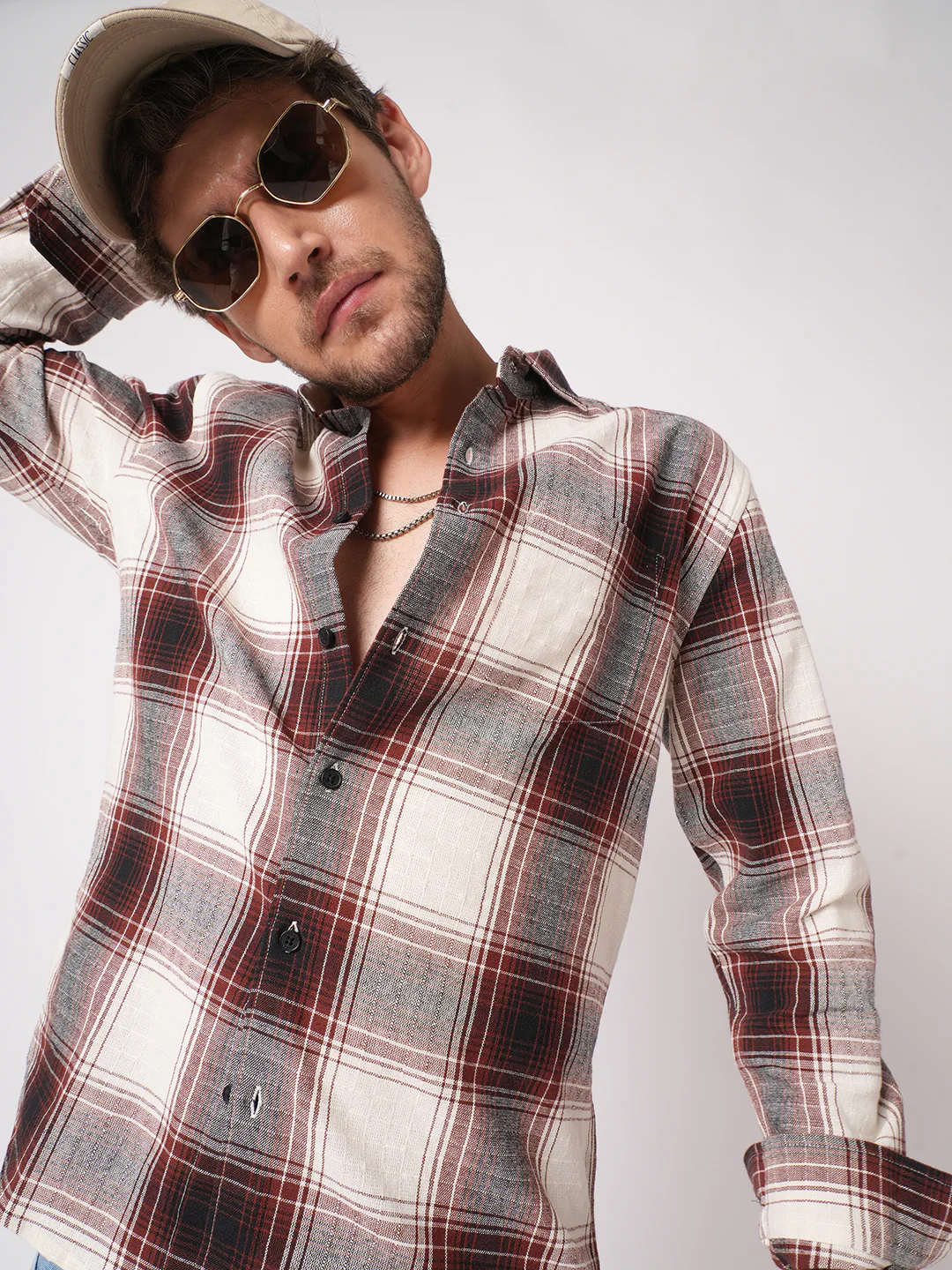 Vintage White & Black Plaid Checks Textured Shirt - Image 2
