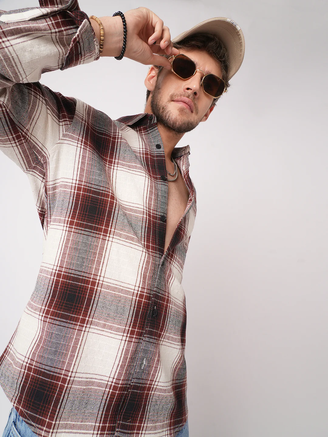 Vintage White & Black Plaid Checks Textured Shirt - Image 3