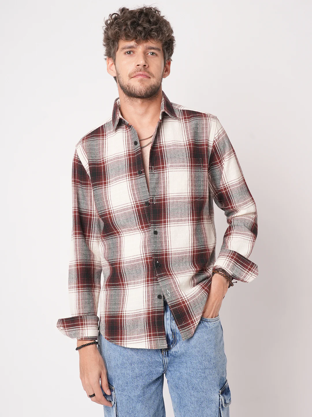 Vintage White & Black Plaid Checks Textured Shirt - Image 5