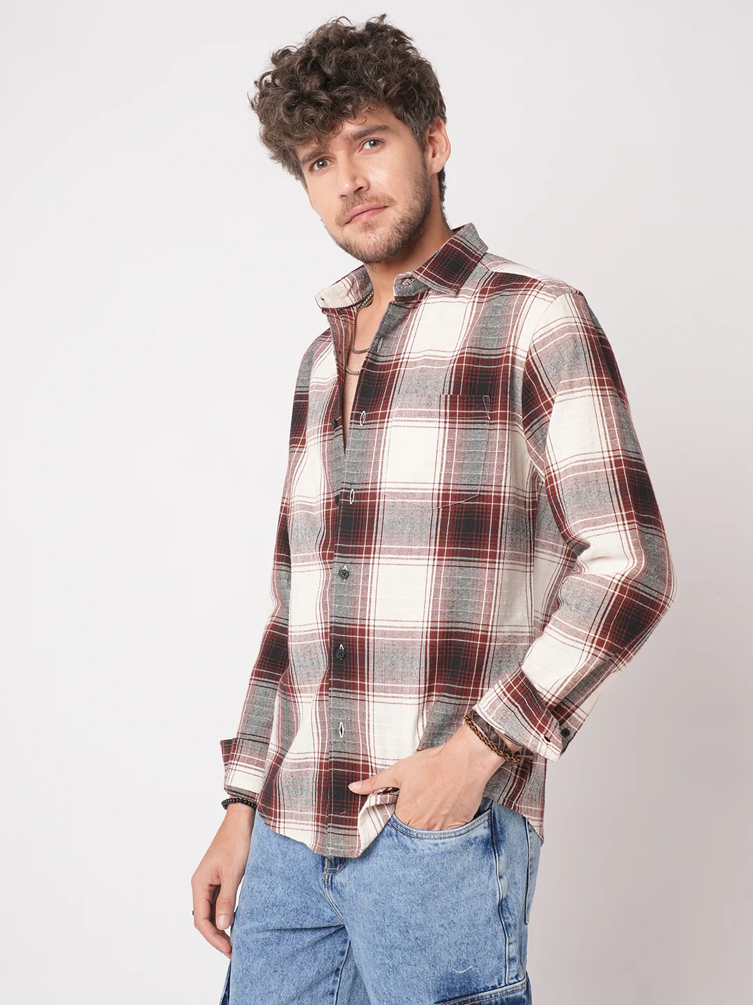 Vintage White & Black Plaid Checks Textured Shirt - Image 6
