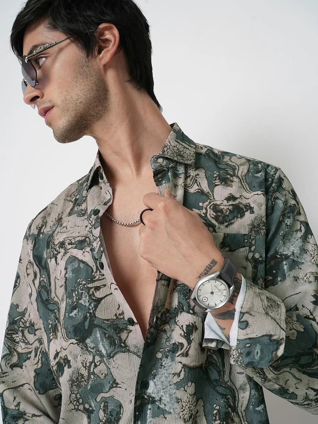 Viridian Green Abstract Printed Creased Shirt - Image 2