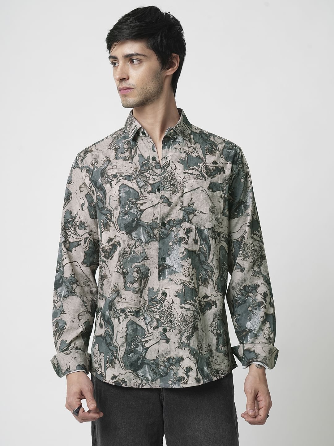 Viridian Green Abstract Printed Creased Shirt - Image 4