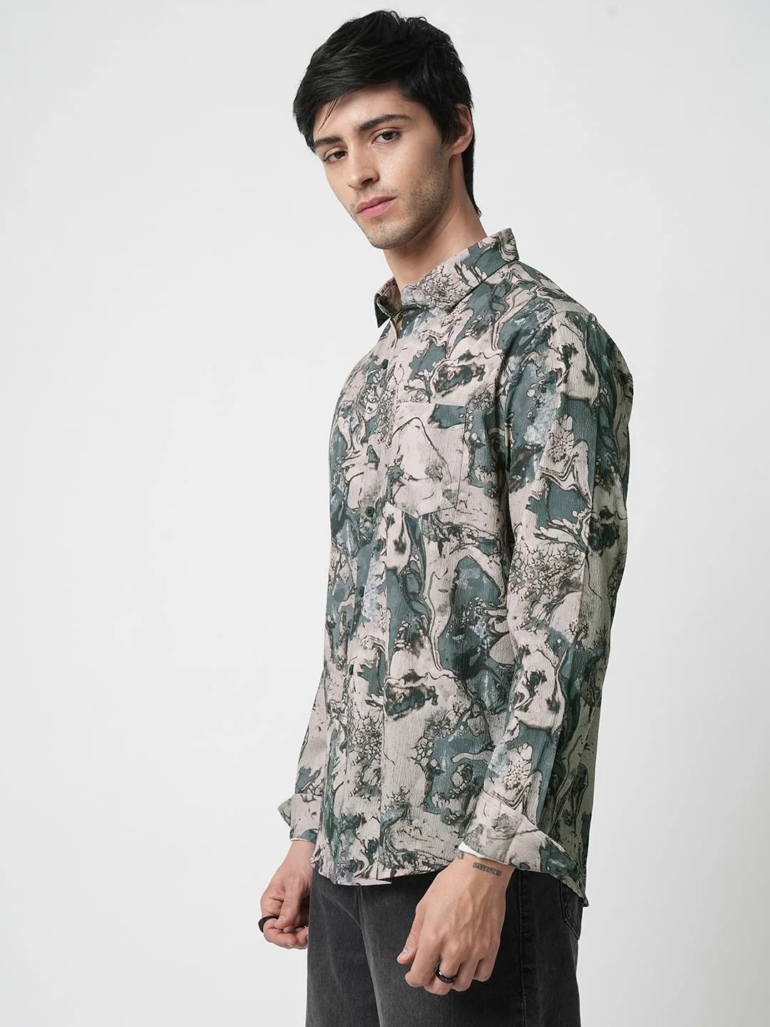 Viridian Green Abstract Printed Creased Shirt - Image 5
