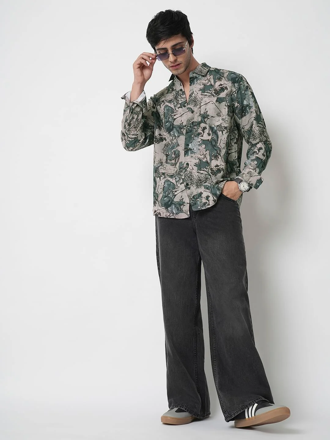 Viridian Green Abstract Printed Creased Shirt - Image 7