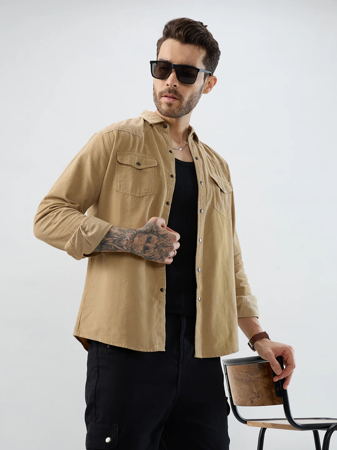 Voguish Camel Beige Double Pocket Corduroy Overshirt - Image 2
