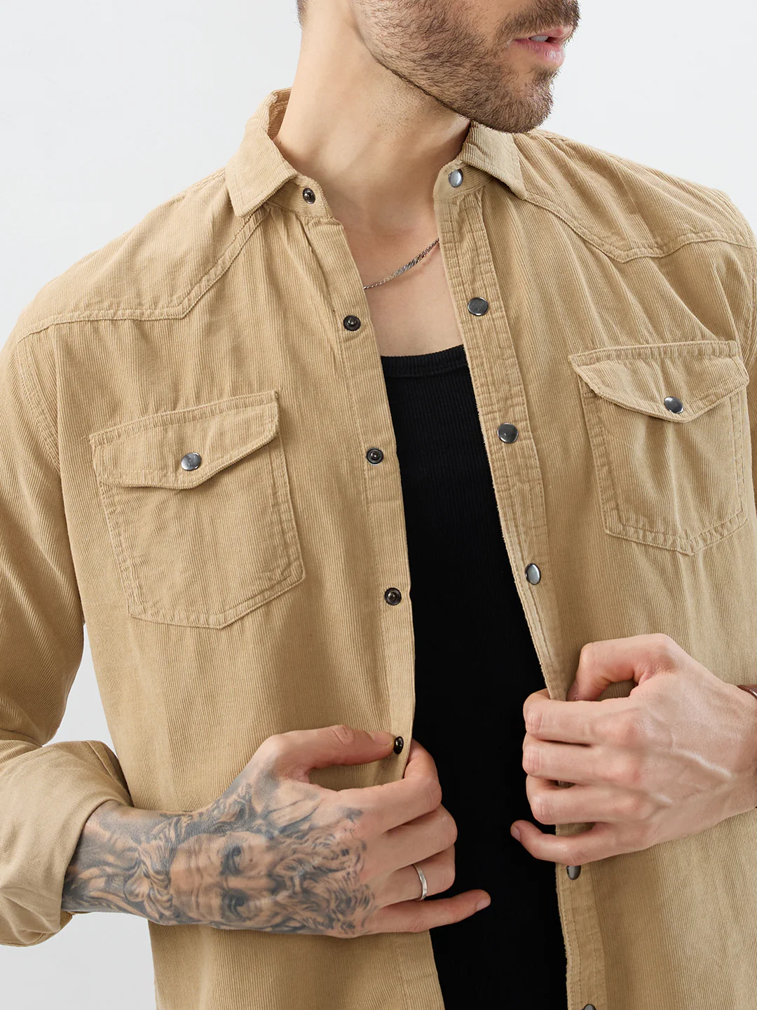 Voguish Camel Beige Double Pocket Corduroy Overshirt - Image 3