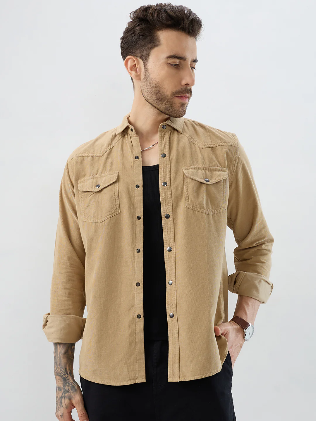 Voguish Camel Beige Double Pocket Corduroy Overshirt - Image 4